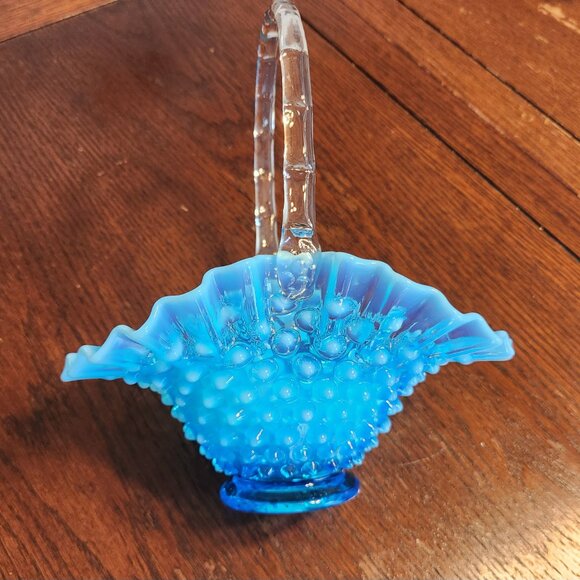 Vintage Fenton Blue Opalescent Hobnail Basket - Picture 5 of 11